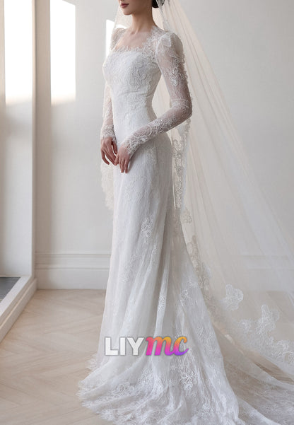 Long Sleeve Lace Wedding Dress with Detachable Train