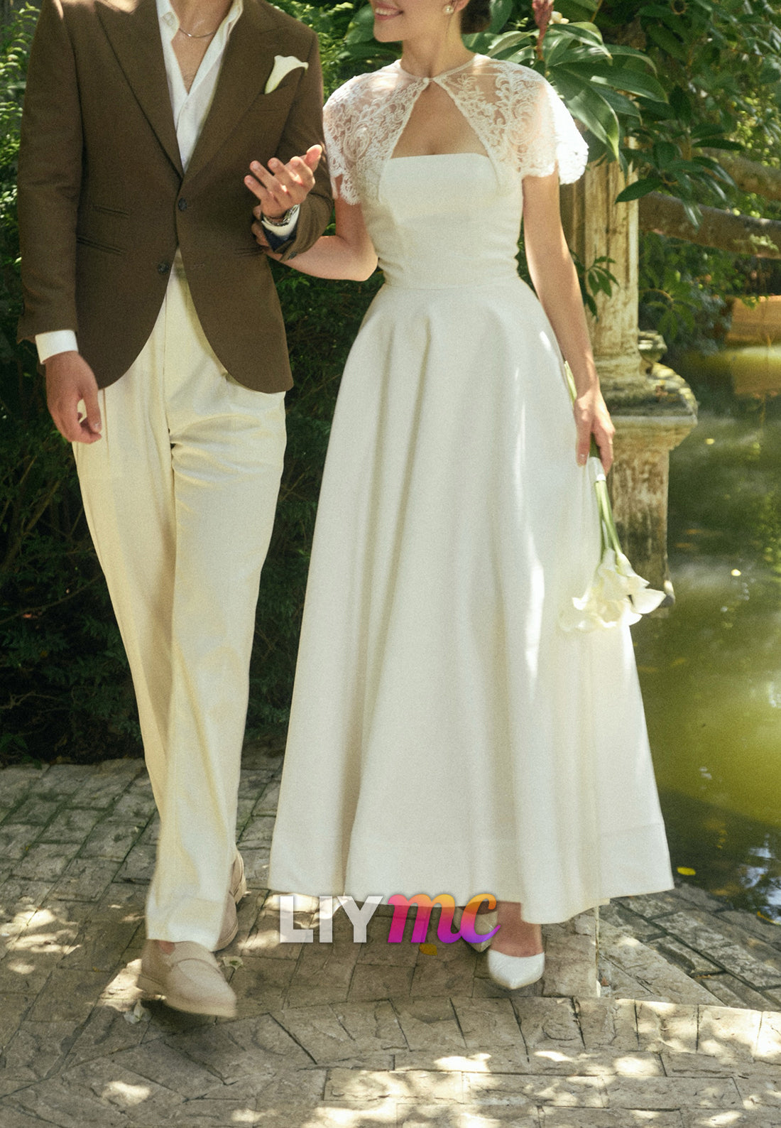 Strapless A-Line Wedding Dress with Lace Cape
