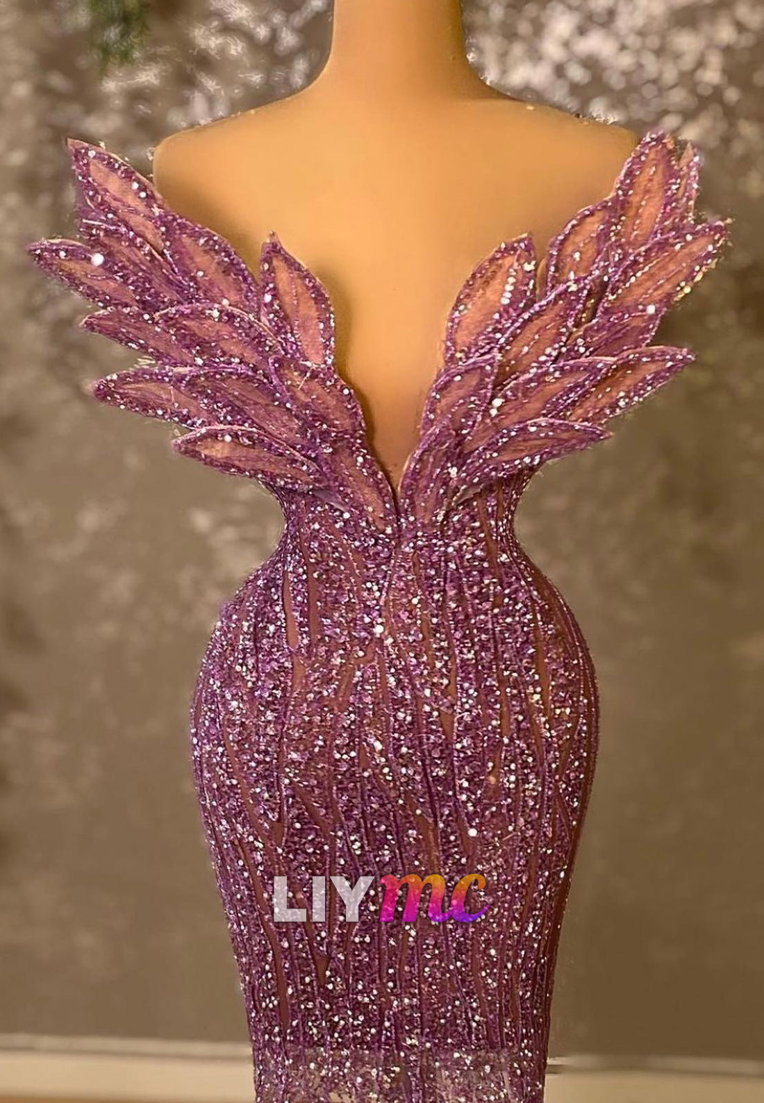 Glitter Mermaid Evening Gown with Petal Shoulder Wings