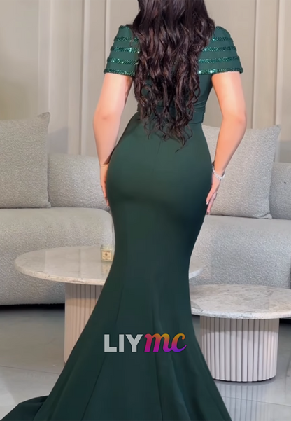 Off-the-Shoulder Beaded Mermaid Evening Gown
