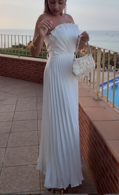 Strapless Fan Pleated Maxi Dress