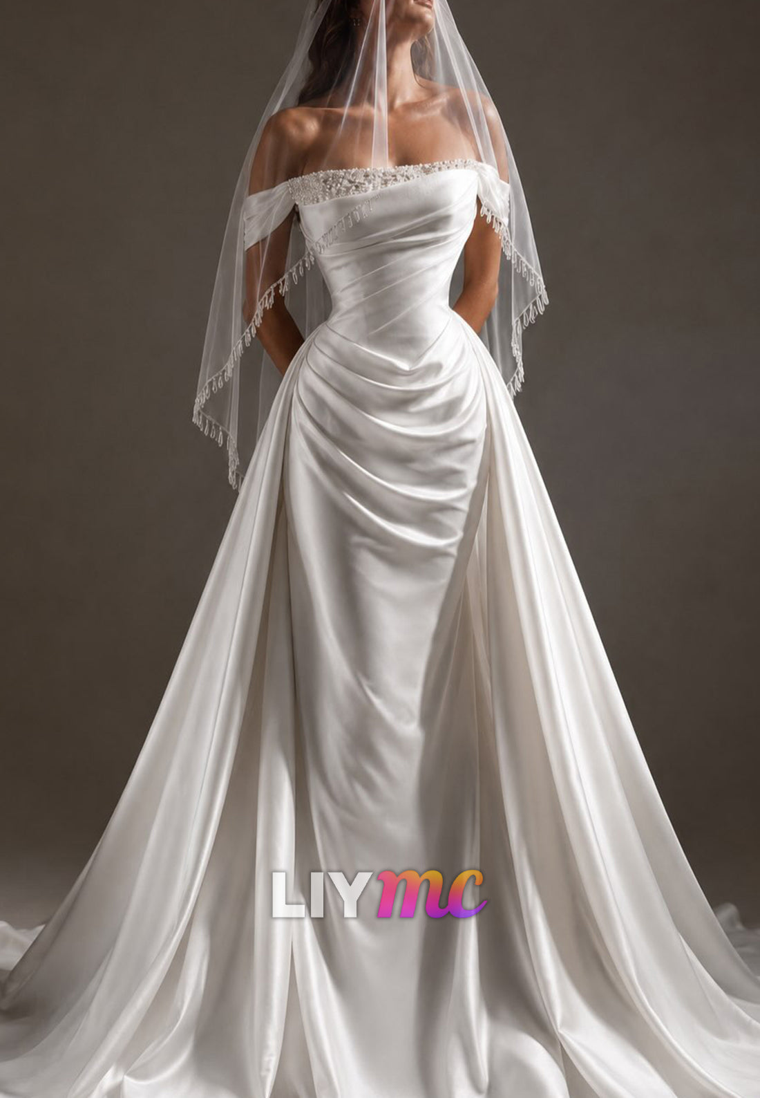 Pearl-Trimmed Off-the-Shoulder Ruched Wedding Gown