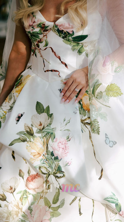 Floral Print Ball Gown Wedding Dress
