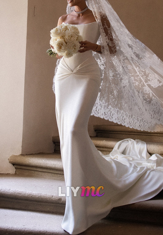 Strapless Pleated Satin Mermaid Wedding Gown