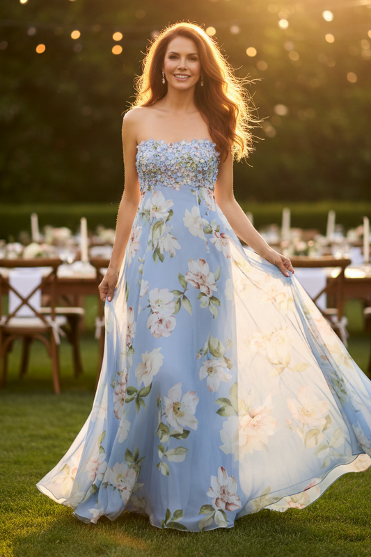 Strapless 3D Floral Chiffon A-Line Evening Gown