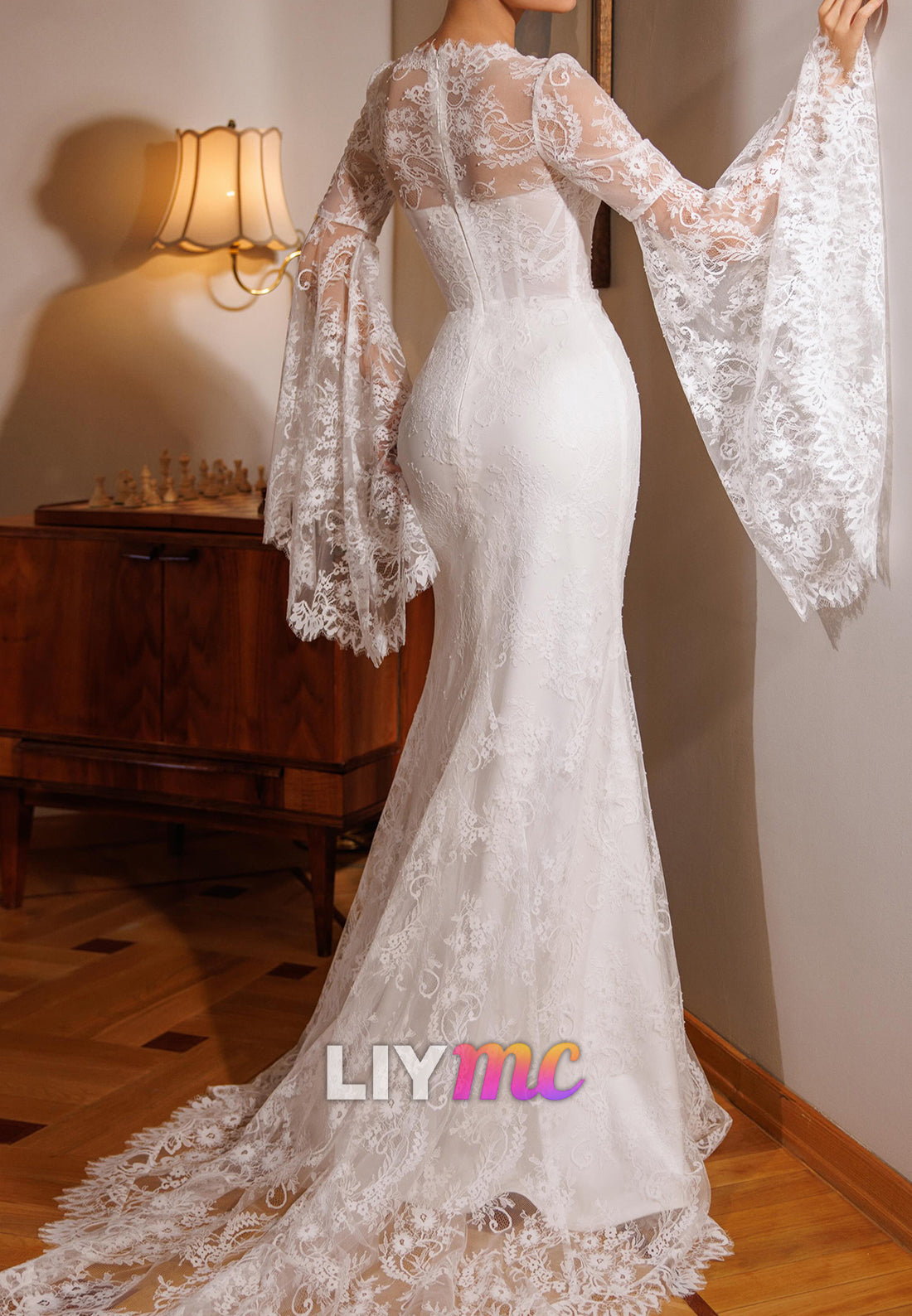 Lace Mermaid Wedding Dress with Bell Sleeves