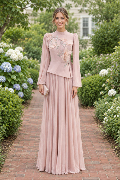 High-Neck Peplum Gown with Cape & 3D Floral Appliqués