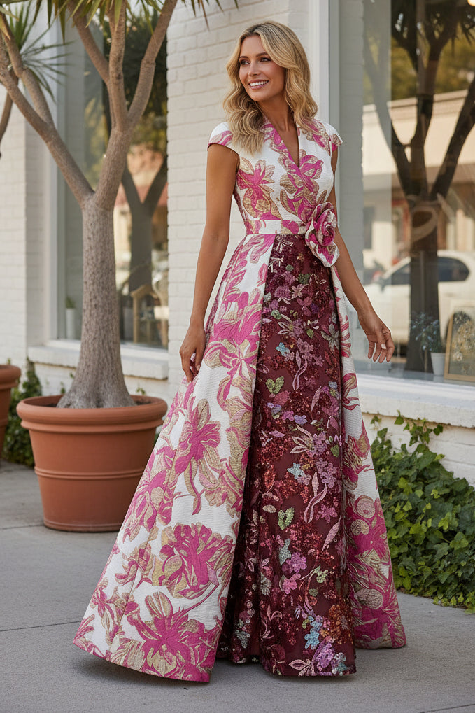Jacquard Gown with Embroidered Underdress & Overskirt