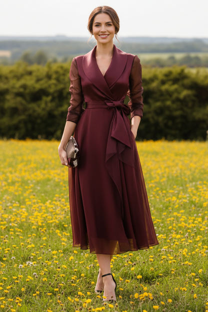 Collared Wrap Midi Dress with Sheer Sleeves