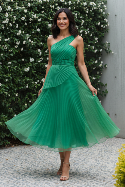 One-Shoulder Pleated Chiffon Midi Dress
