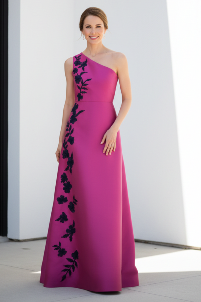 One-Shoulder Floral Applique A-Line Gown
