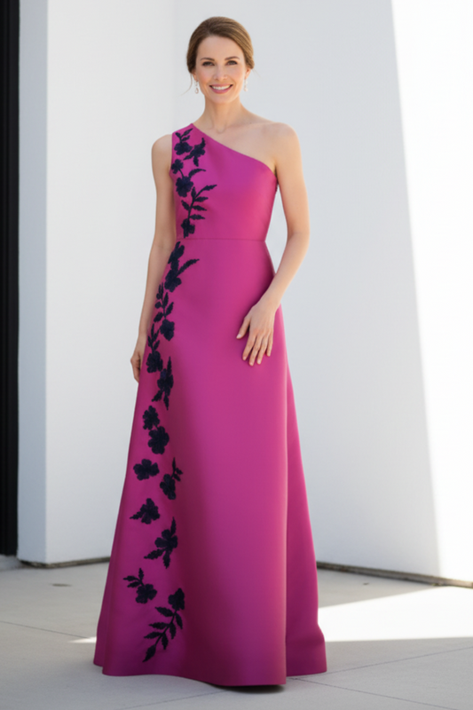 One-Shoulder Floral Applique A-Line Gown