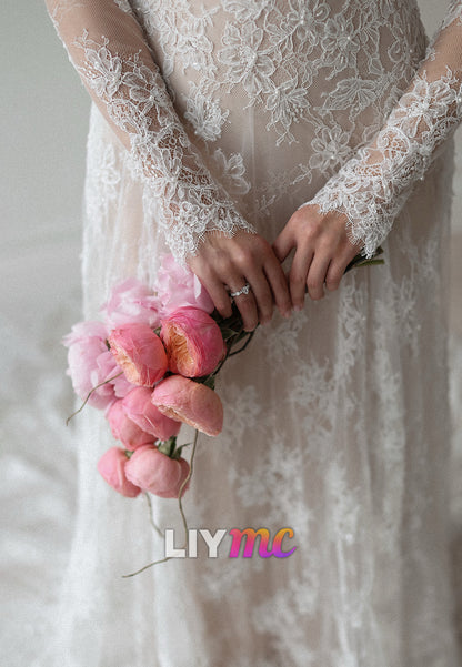 High-Neck Long Sleeve Lace A-Line Wedding Dress