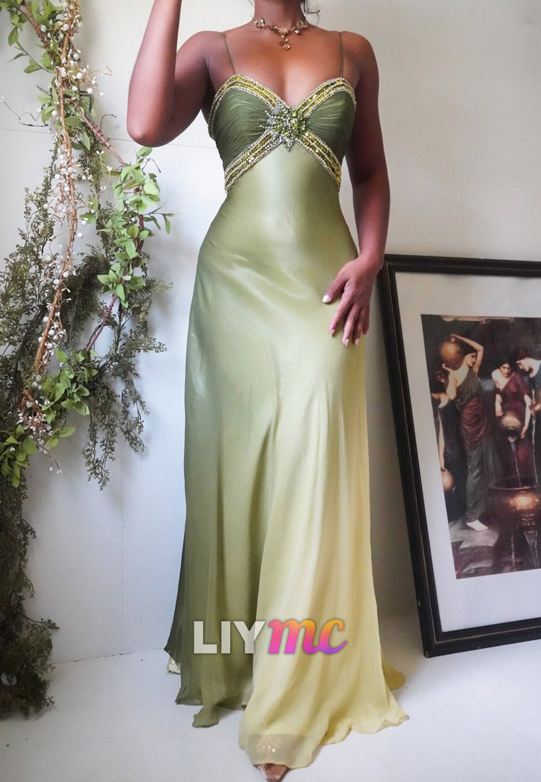 Ombre Beaded Empire Waist Spaghetti Strap Gown
