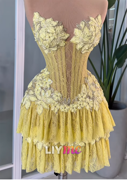 Tiered Lace Mini Dress with Sequin Floral Corset