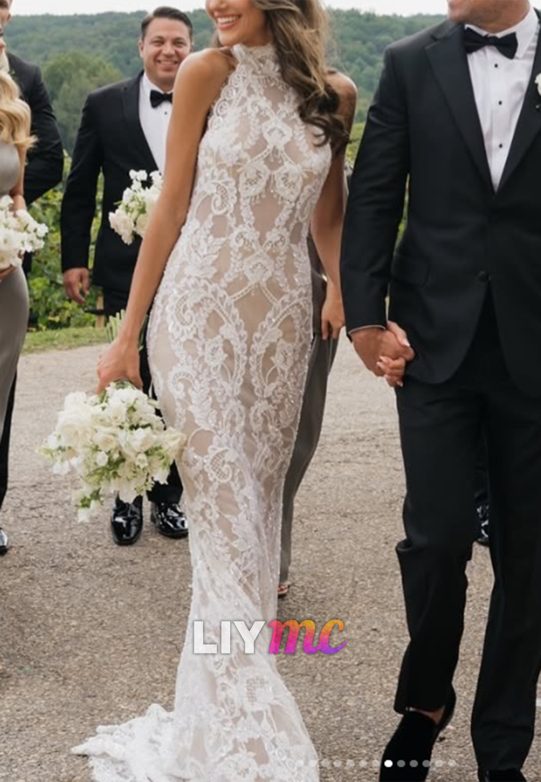 High-Neck Lace Wedding Dress with Cutout Back