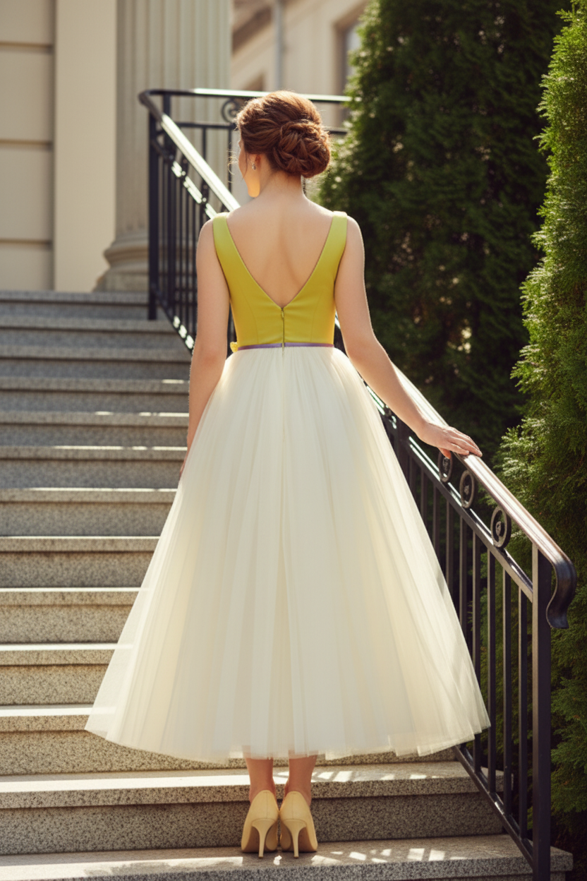 Plunge Neck Tulle Midi Dress with 3D Flowers