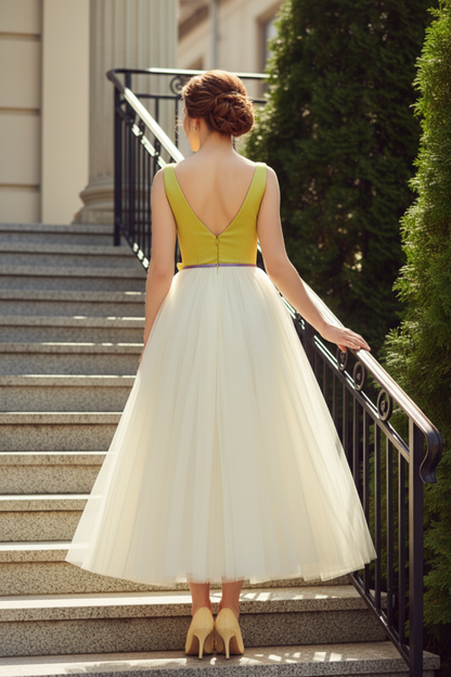 Plunge Neck Tulle Midi Dress with 3D Flowers