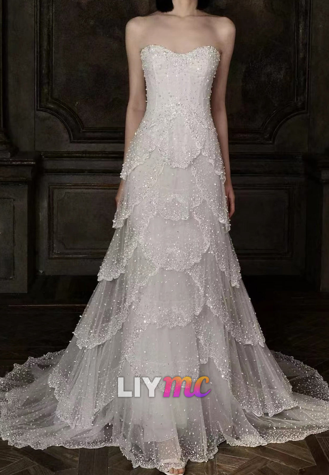 Strapless Tiered Beaded Tulle Wedding Dress