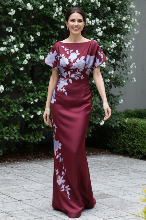 Bateau Neck Floral Jacquard Column Gown
