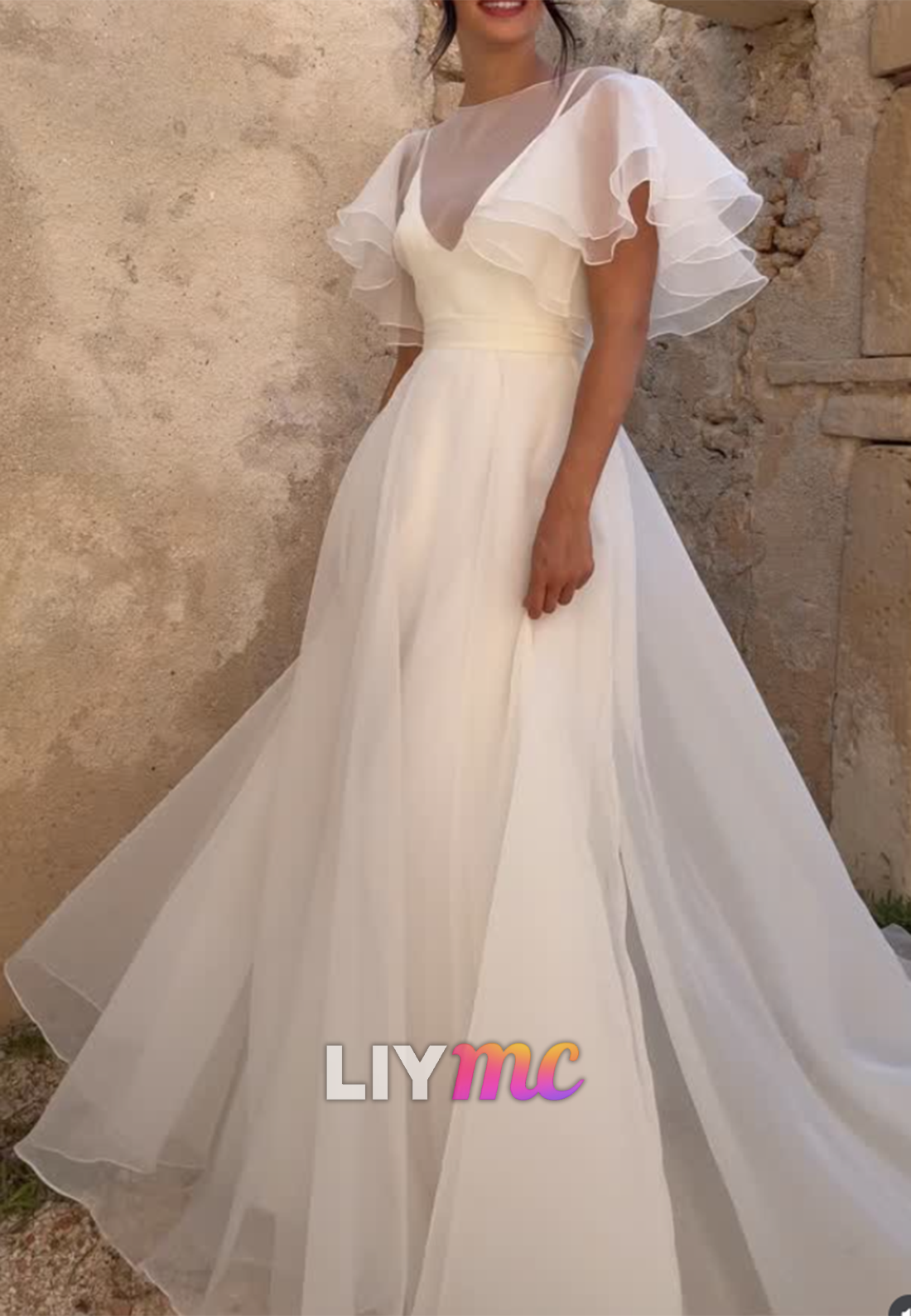 Flutter Sleeve A-Line Bridal Gown with Low V-Back