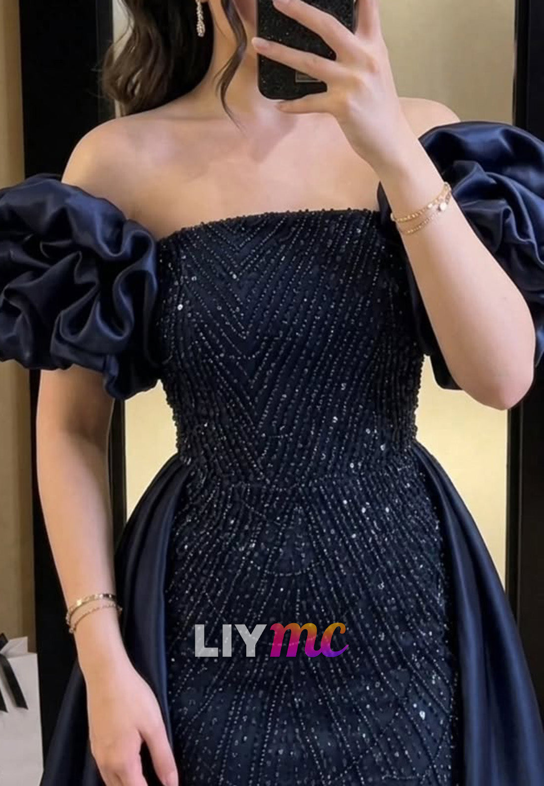Beaded Column Gown with Puffed Sleeves & Overskirt