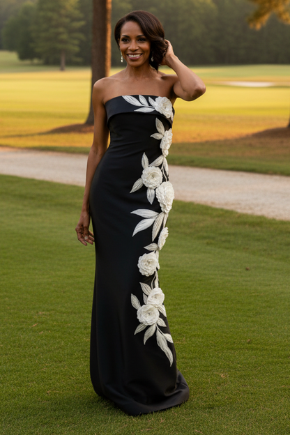 Strapless 3D Floral Applique Column Gown