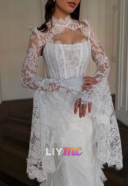 High Neck Lace Mermaid Wedding Dress with Bell Sleeves