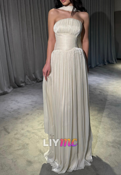Strapless Pleated Metallic Maxi Dress with Neck Scarf