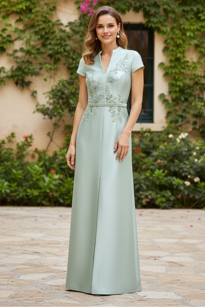 High-Neck Satin Sheath Gown with Beaded Floral Detail