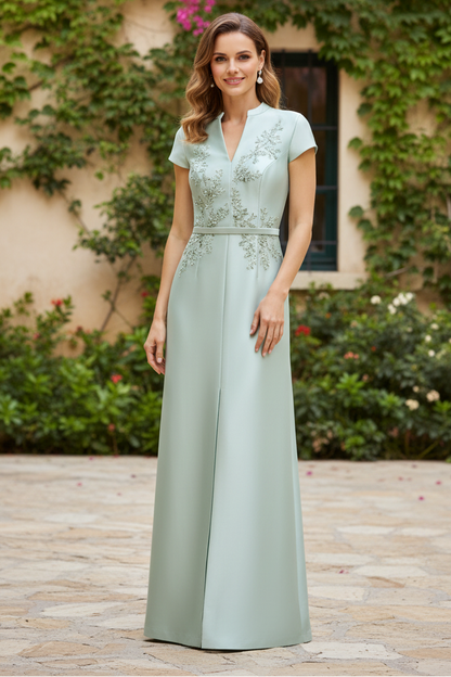 High-Neck Satin Sheath Gown with Beaded Floral Detail