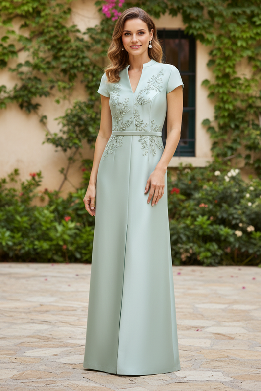 High-Neck Satin Sheath Gown with Beaded Floral Detail