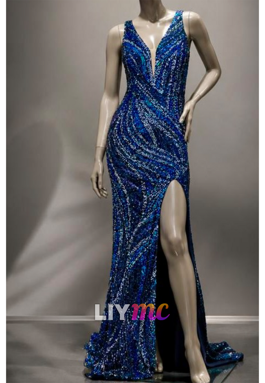 Sequin Mermaid Gown with Deep V Neck and High Slit