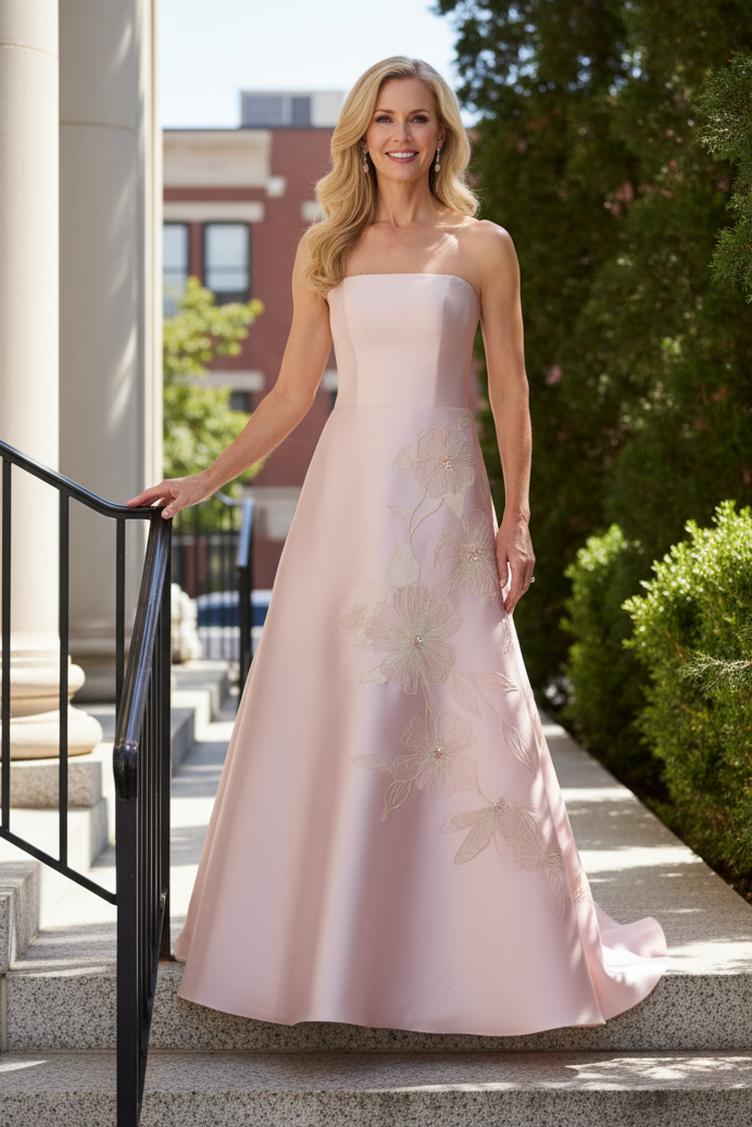 Strapless Floral Embroidered A-Line Gown
