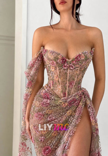 Floral Embroidered Corset High Slit Evening Gown
