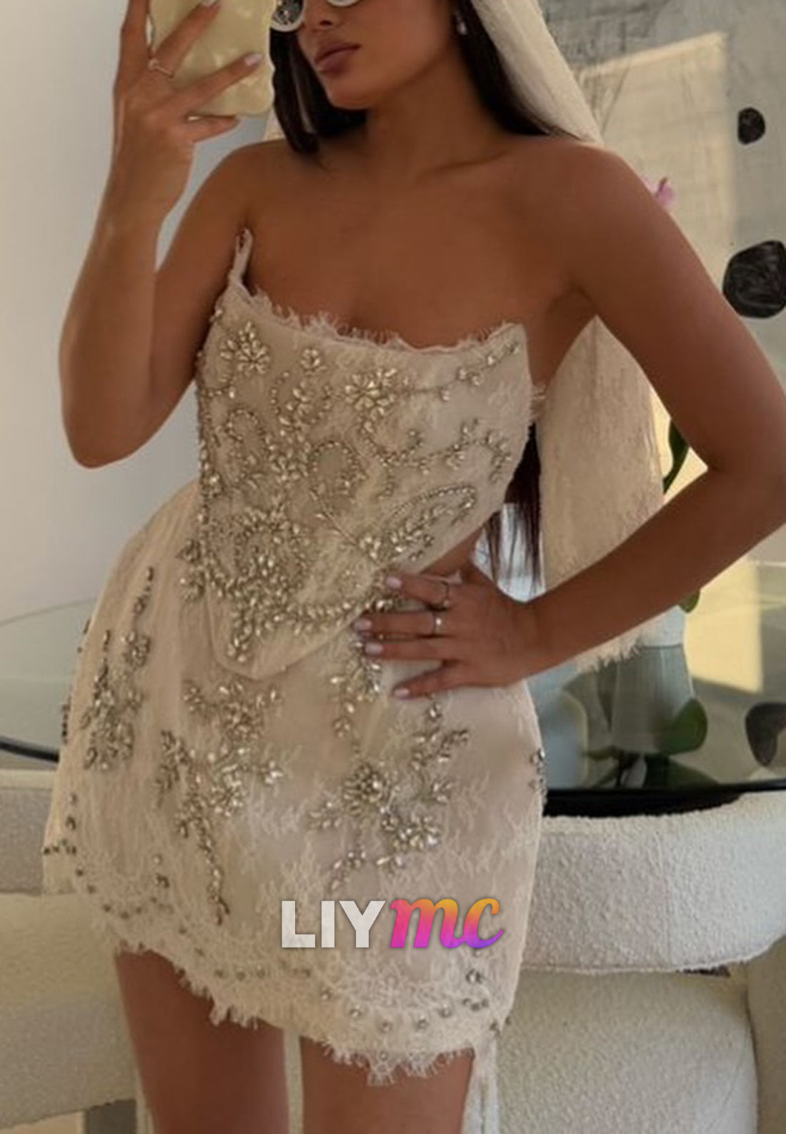 Beaded Lace Mini Dress with Oversized Back Bow