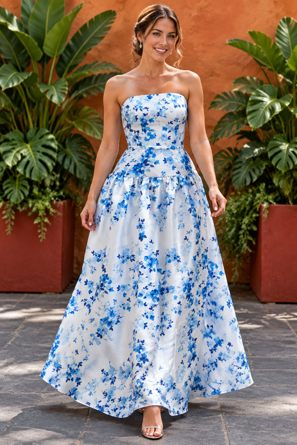 Strapless Floral Print Ball Gown with Bow Belt