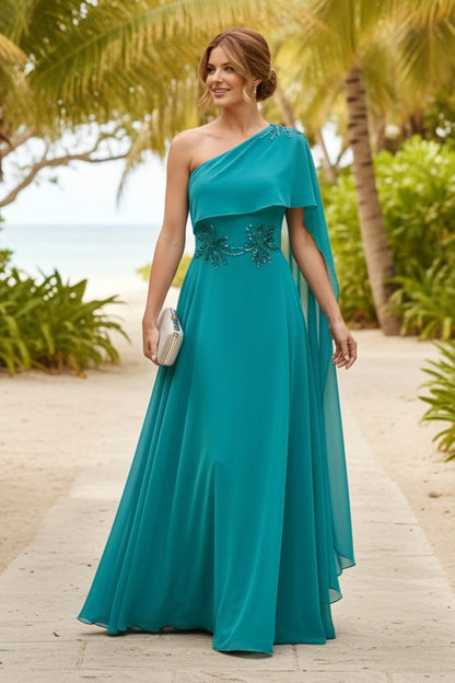One-Shoulder Chiffon Evening Gown with Cape