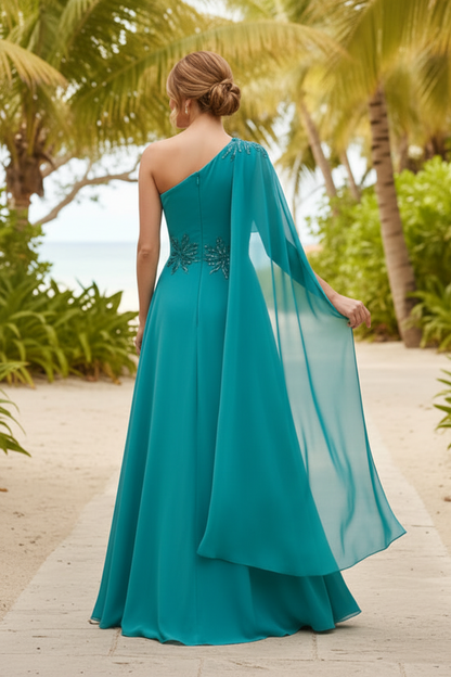 One-Shoulder Chiffon Evening Gown with Cape