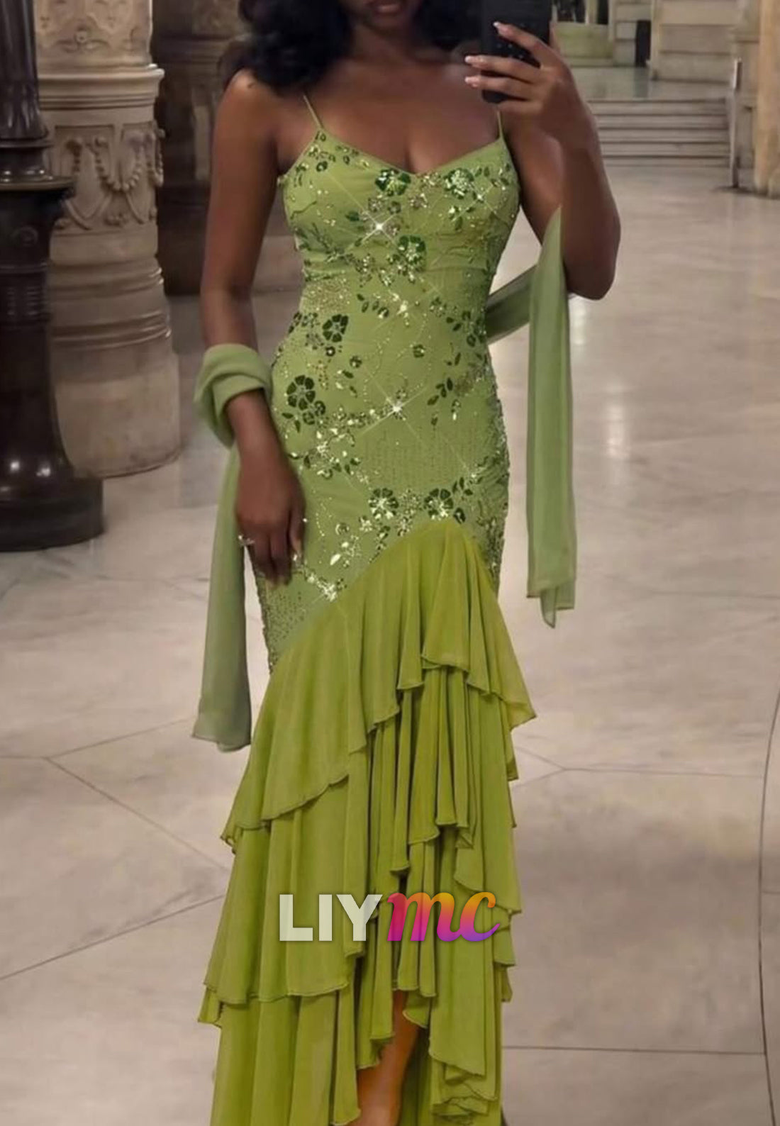 Sequin Mermaid Gown with Tiered Ruffles