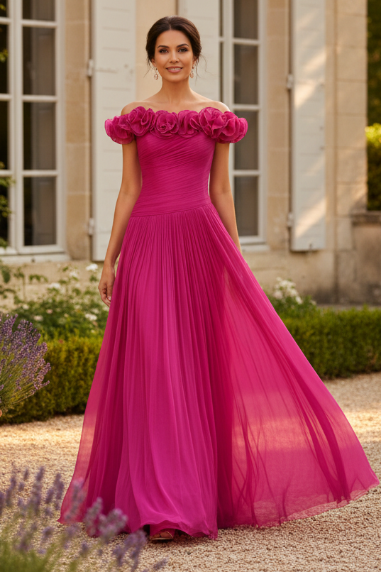 Off-the-Shoulder Rosette Pleated Evening Gown