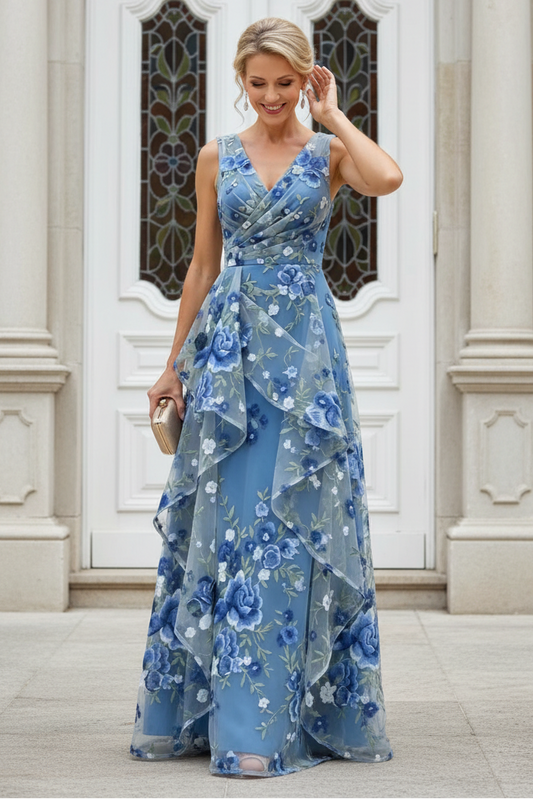 Embroidered Floral Tiered Ruffle A-Line Gown