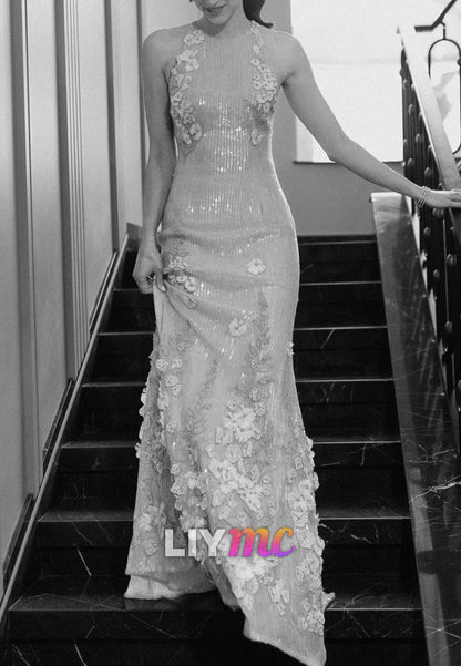 Sequin Mermaid Gown with 3D Floral Appliques