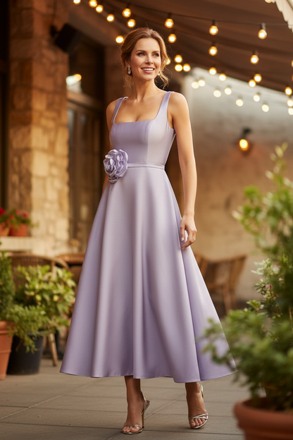Square Neck A-Line Satin Midi Dress with 3D Flower
