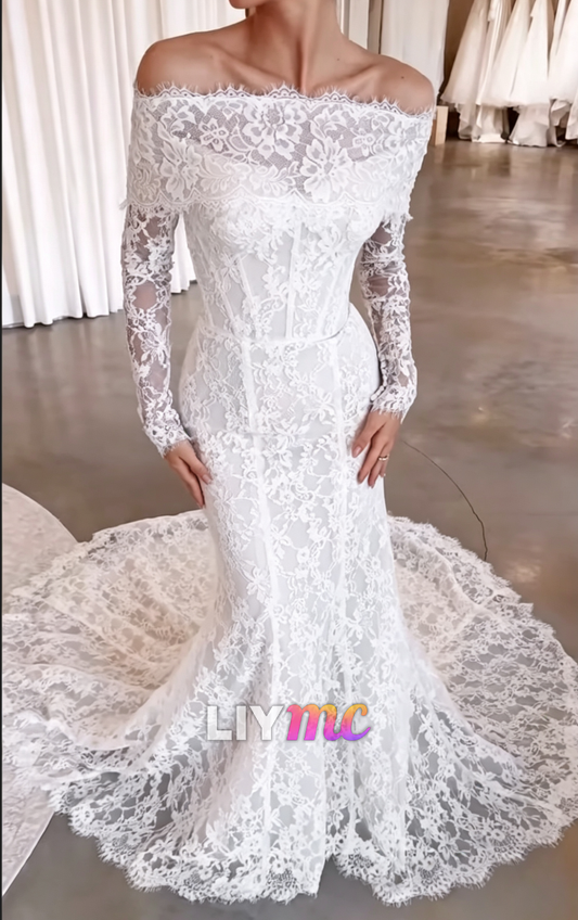 Off-Shoulder Long Sleeve Lace Mermaid Wedding Dress