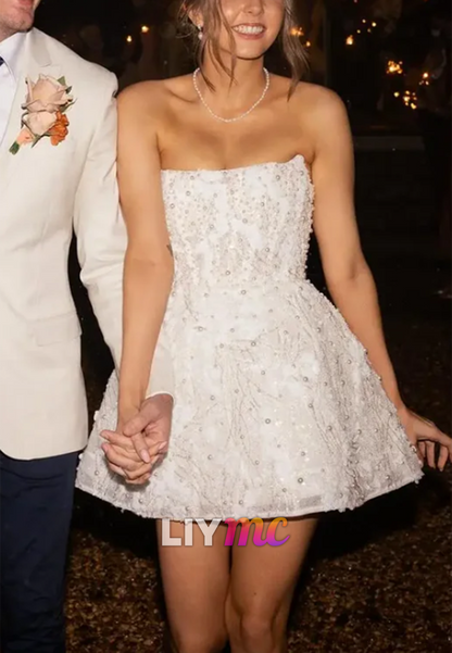 Strapless Beaded Corset Mini Wedding Dress