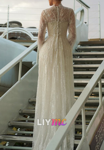 Illusion High Neck Lace Long Sleeve Wedding Dress