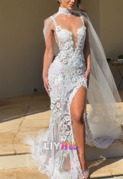 Beaded Lace Mermaid Wedding Dress with Cape
