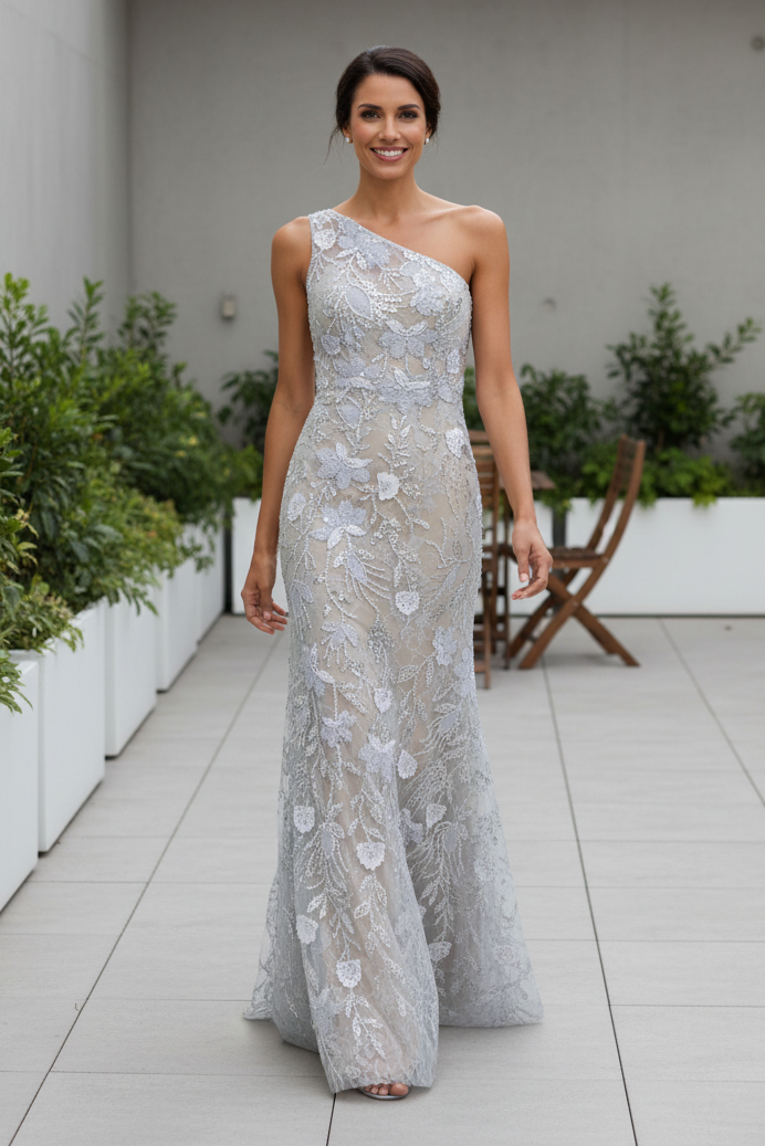 One Shoulder Floral Embroidered Evening Gown