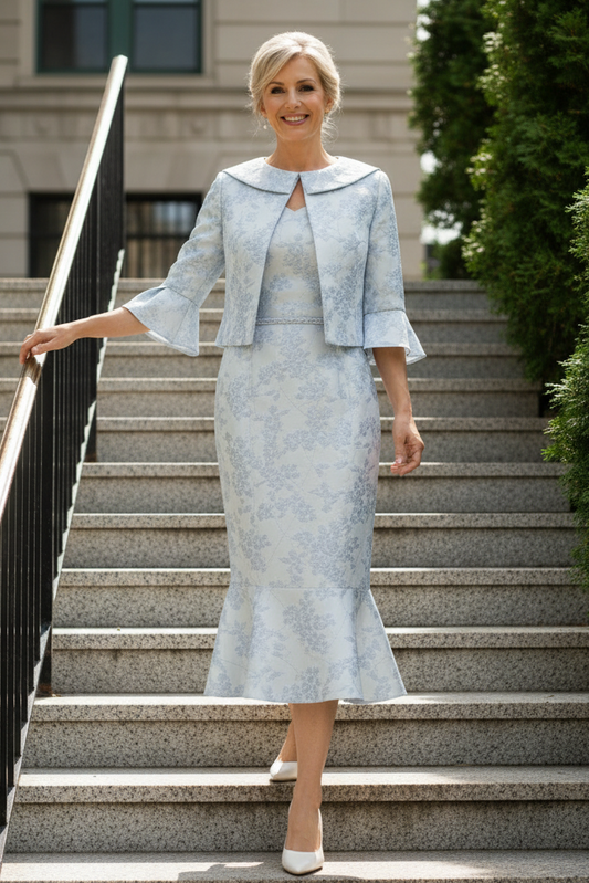 Floral Jacquard Midi Dress with Cropped Jacket